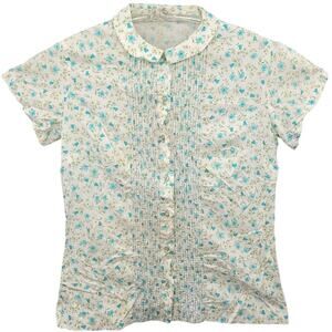 Vintage Floral Blue Green Tuxedo Pleat‎ Romantic Coquette Short Sleeve Blouse